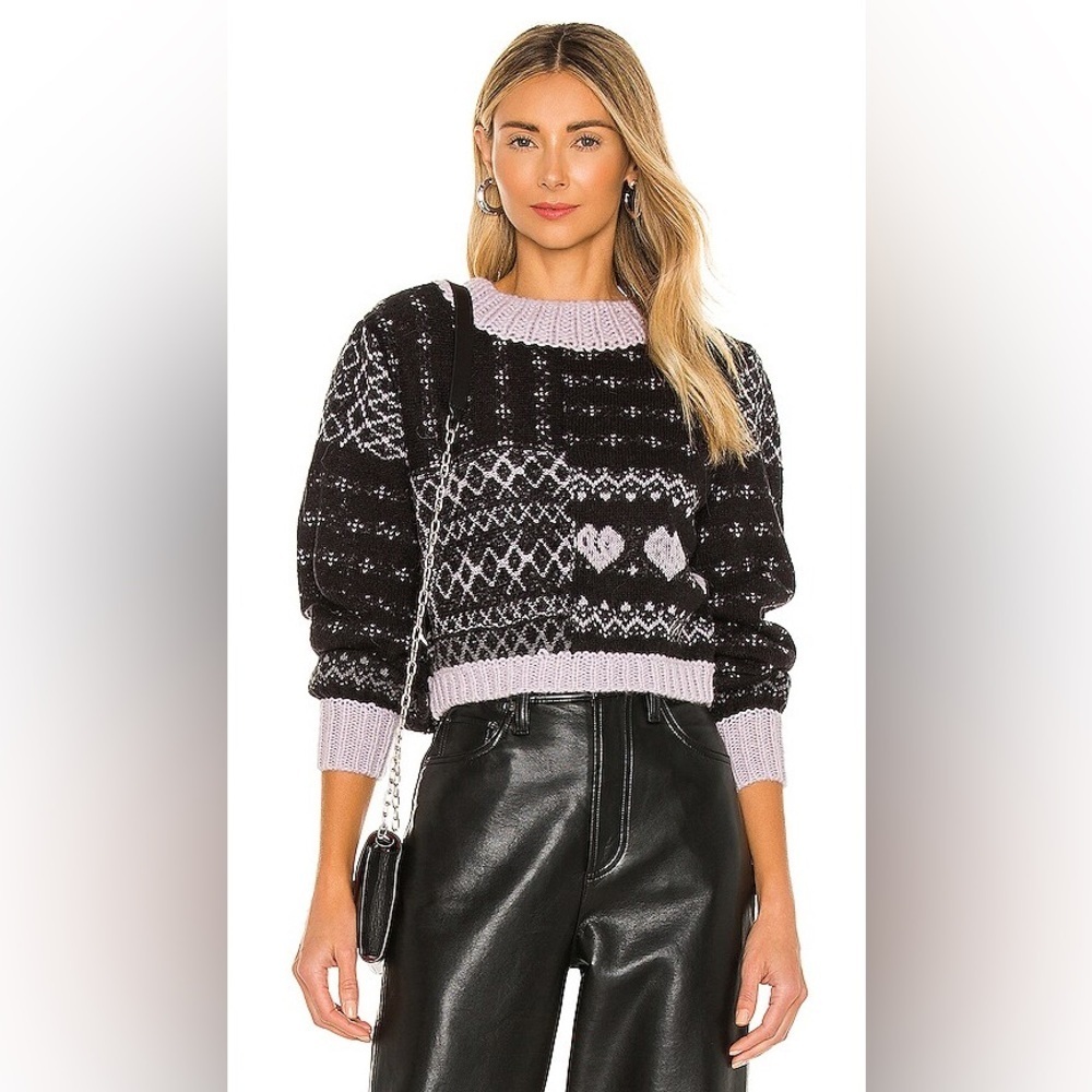 Free People Snow Globe Alpaca Wool Blend Pullover Sweater Black Purple sz Med